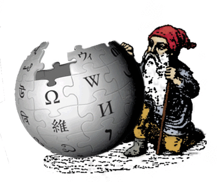 a gnome standing next to the Wikipedia logo